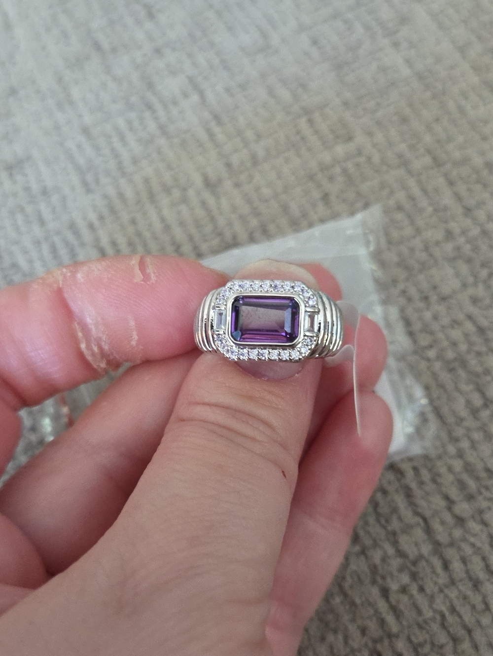 Rhodium Ring with Purple Emerald-Cut Stone and Pavé Accents Size 7 By Bomb Party